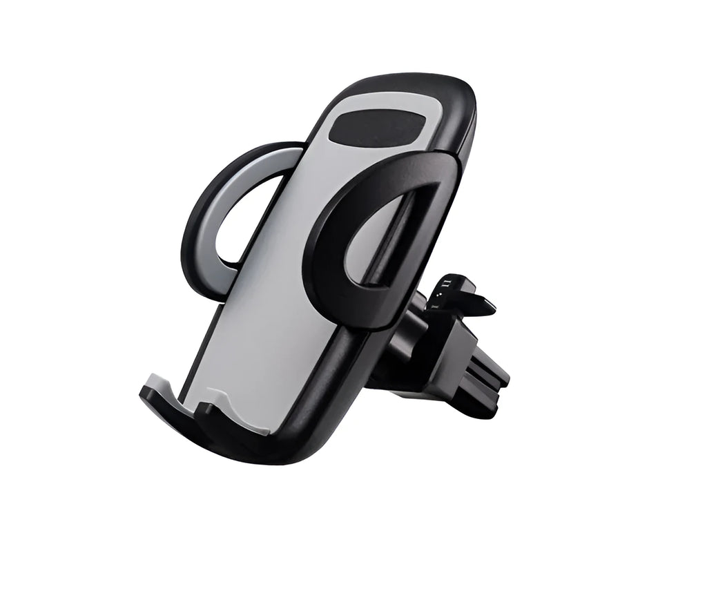 Black plastic universal mobile phone holder attached to a car air conditioning vent.