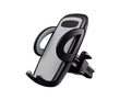 Black plastic universal mobile phone holder attached to a car air conditioning vent.