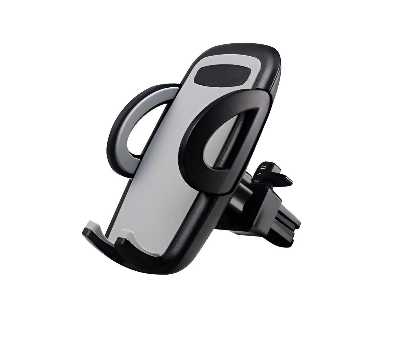 Black plastic universal mobile phone holder attached to a car air conditioning vent.