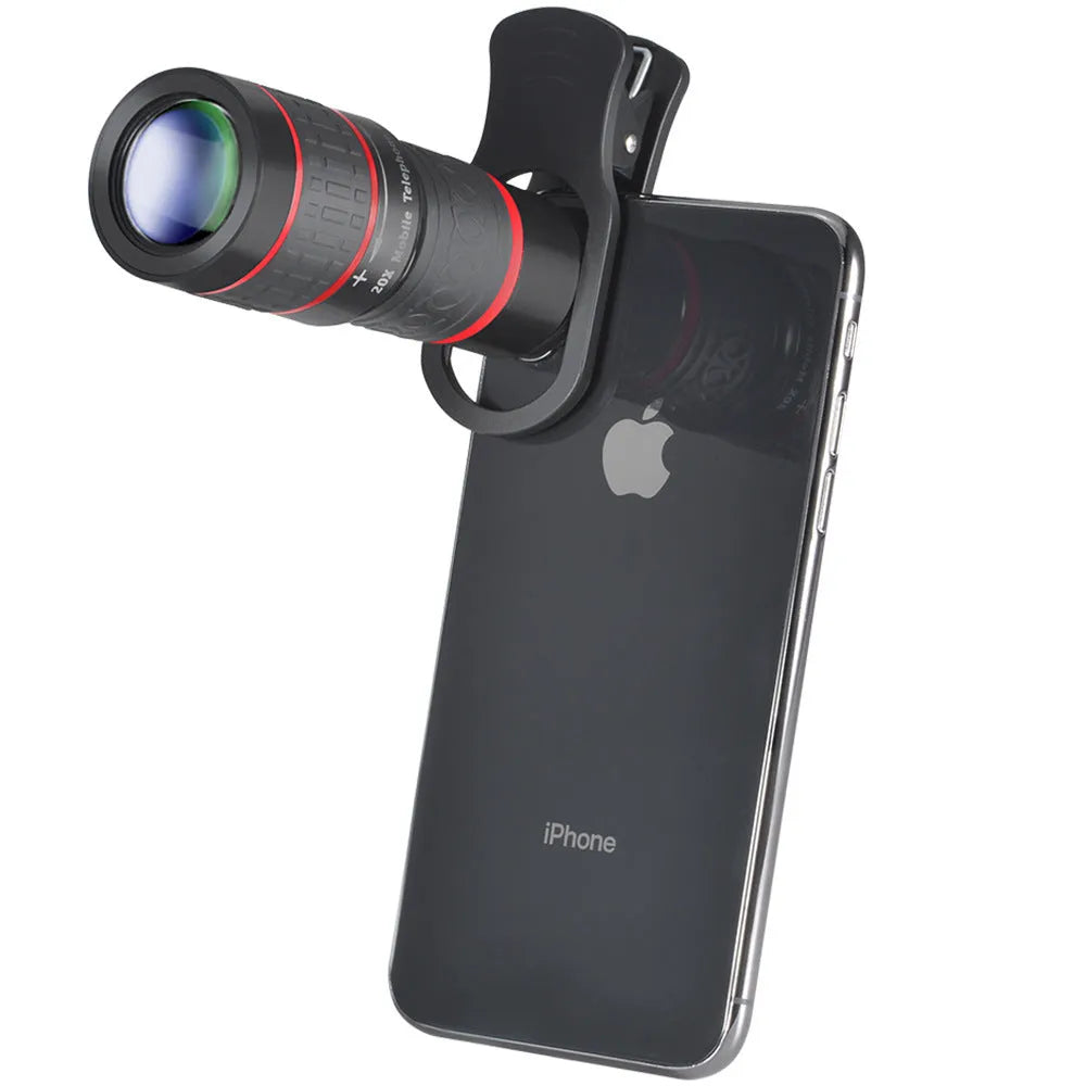 20x magnification smartphone telescope lens with universal mounting clip and eyepiece mask