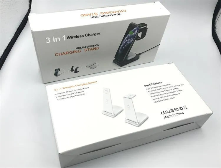 Black foldable 3-in-1 wireless charger showing phone, headphones, and watch charging simultaneously