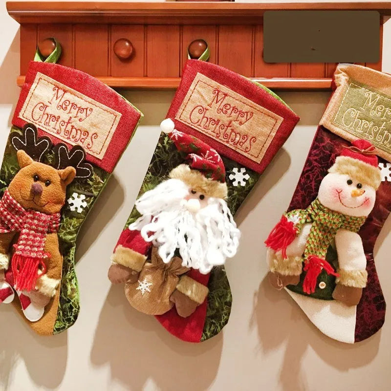 Christmas stocking decorations with 3D applique snowman, Santa elf and reindeer designs in mixed colours