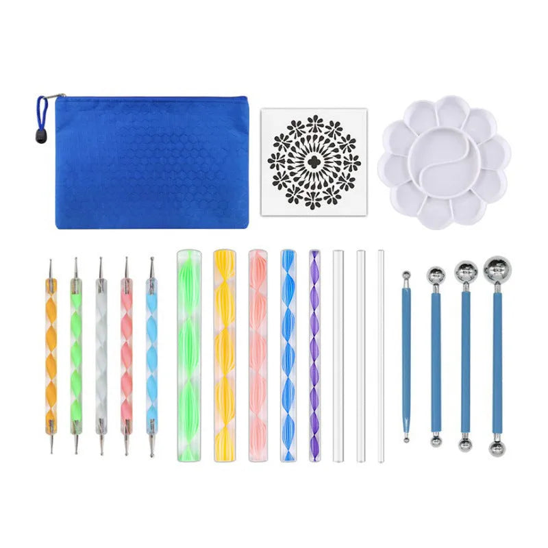 Pottery tool set with acrylic, stainless steel and plastic tools in blue pen bag packaging