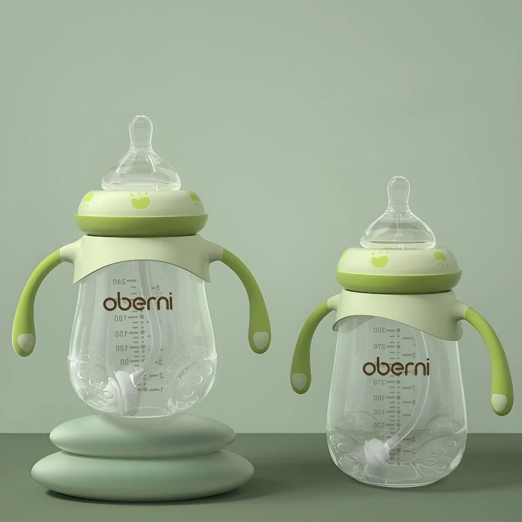 Blue wide caliber baby bottle with anti-fall handle in gourd shape for infants over 6 months