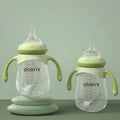 Blue wide caliber baby bottle with anti-fall handle in gourd shape for infants over 6 months