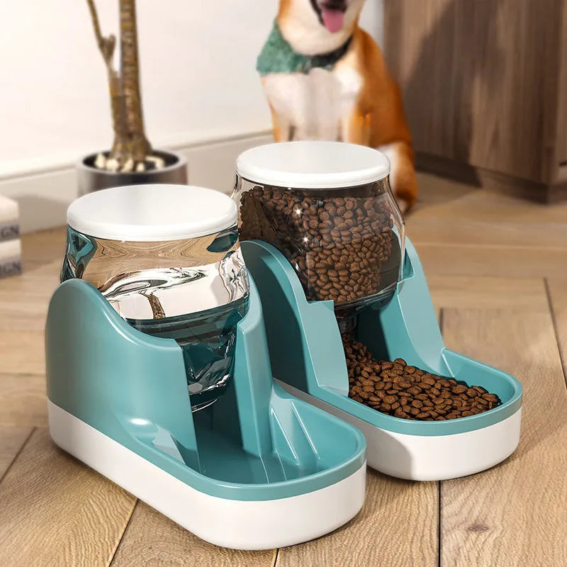 Large capacity automatic cat water fountain and pet feeder for dry food in Blue colour on floor.