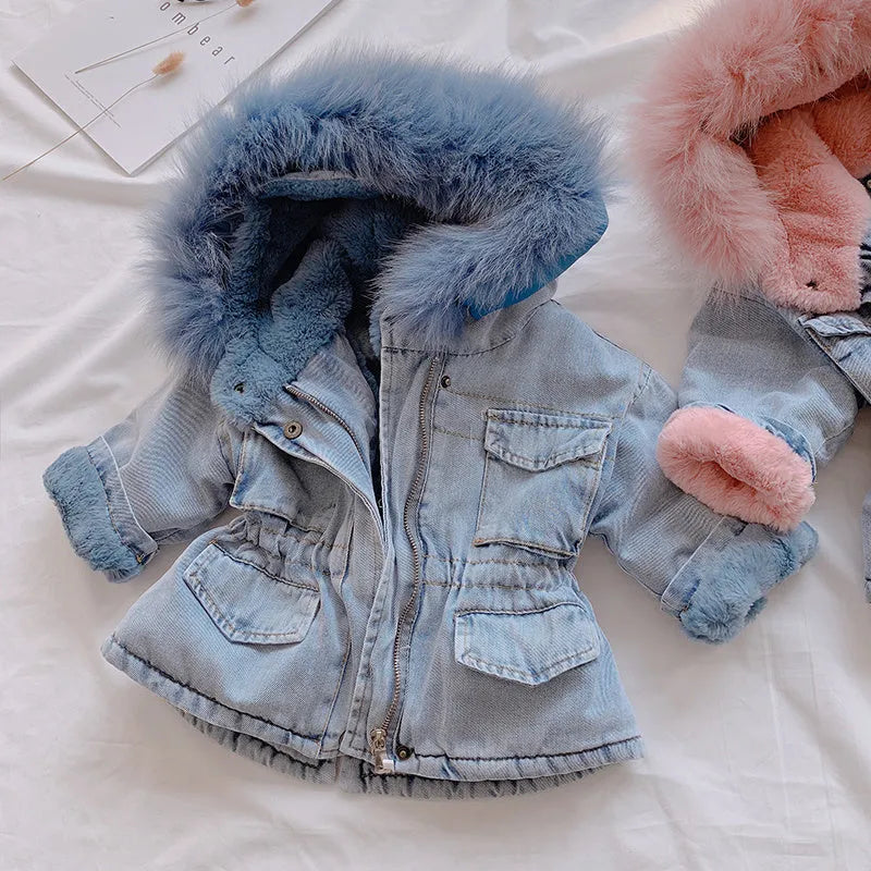 Blue denim jacket for girls with a fleece lining and attached hood.