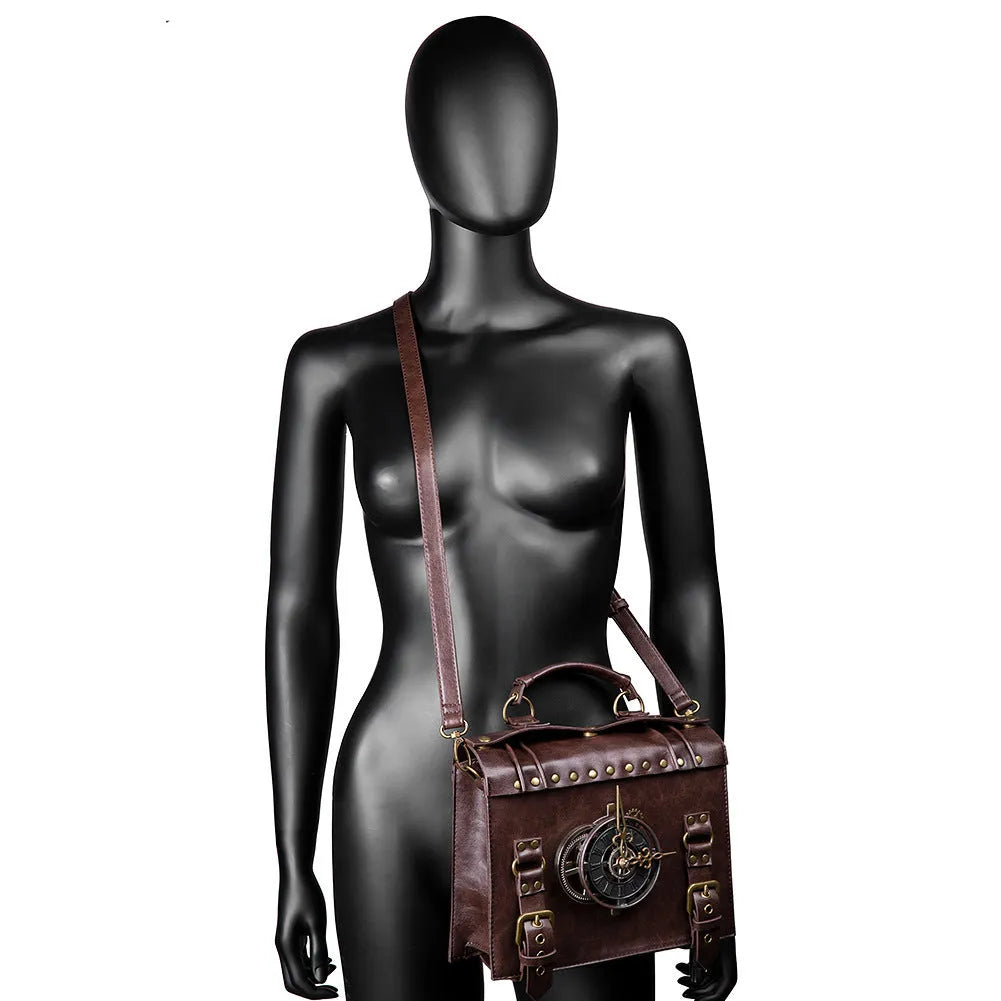 Bronze steampunk industrial retro shoulder bag with metal hardware in horizontal square pillow design