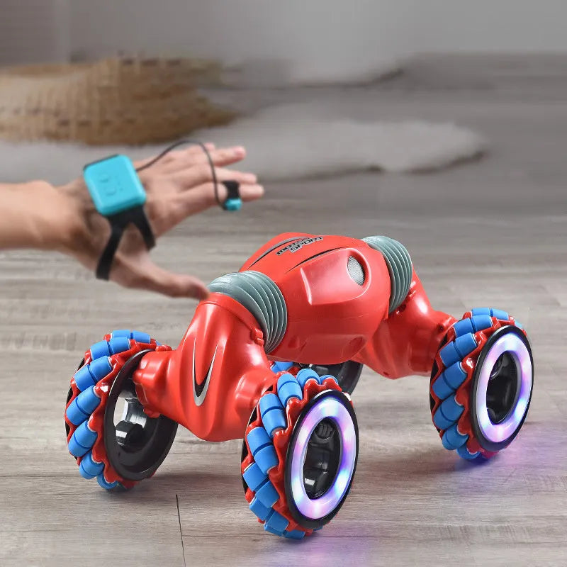 Remote control toy car with Steel Flying Dragon design, gesture sensing, deformation, and colourful hollow off-road wheels in black