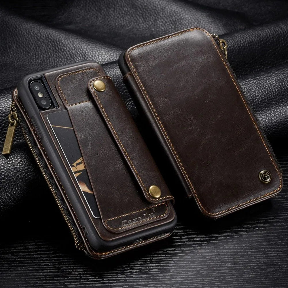 Black PU leather flip phone case open, showing it fitted on a SAMSUNG Note9 smartphone.