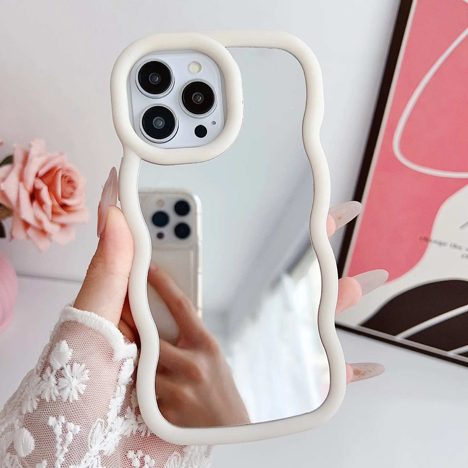 Silicone cloud wave phone case for iPhone 12-16, black back cover with mirror and stereo elements