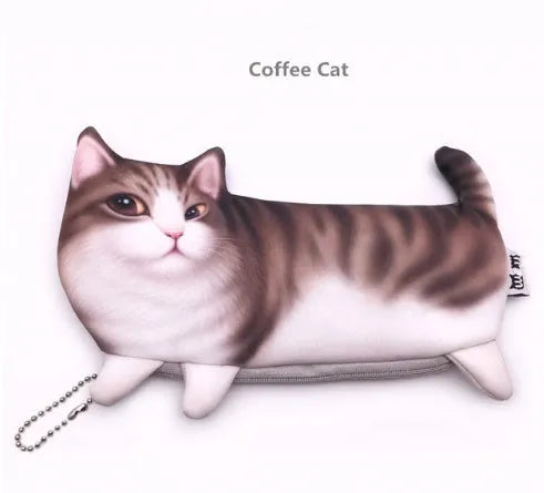 Cute cat design 3D printed cosmetic travel bag organiser with zip, shown in creamy colour.