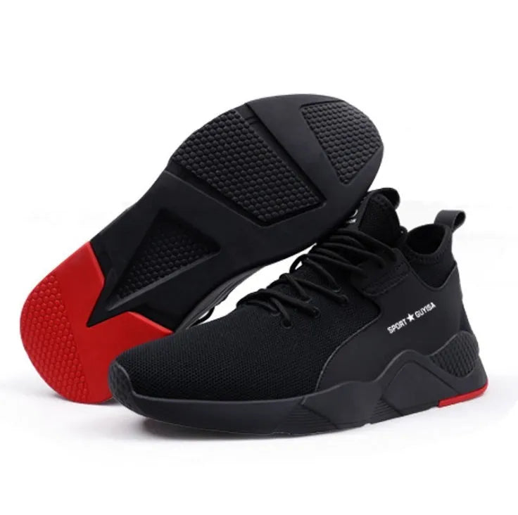 Steel toe work safety shoes with puncture proof mid-sole, mesh upper and rubber outsole in Black or Black red