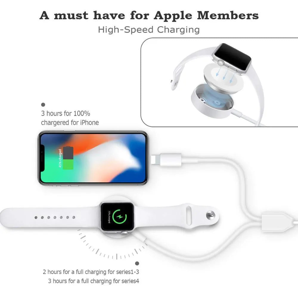 White two-in-one wireless charging device for watches with USB connector