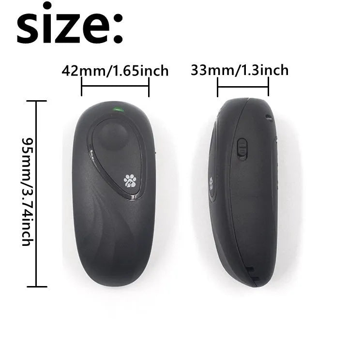 Handheld ultrasonic dog repeller in black with frequency button, ABS plastic, 9.5 cm height