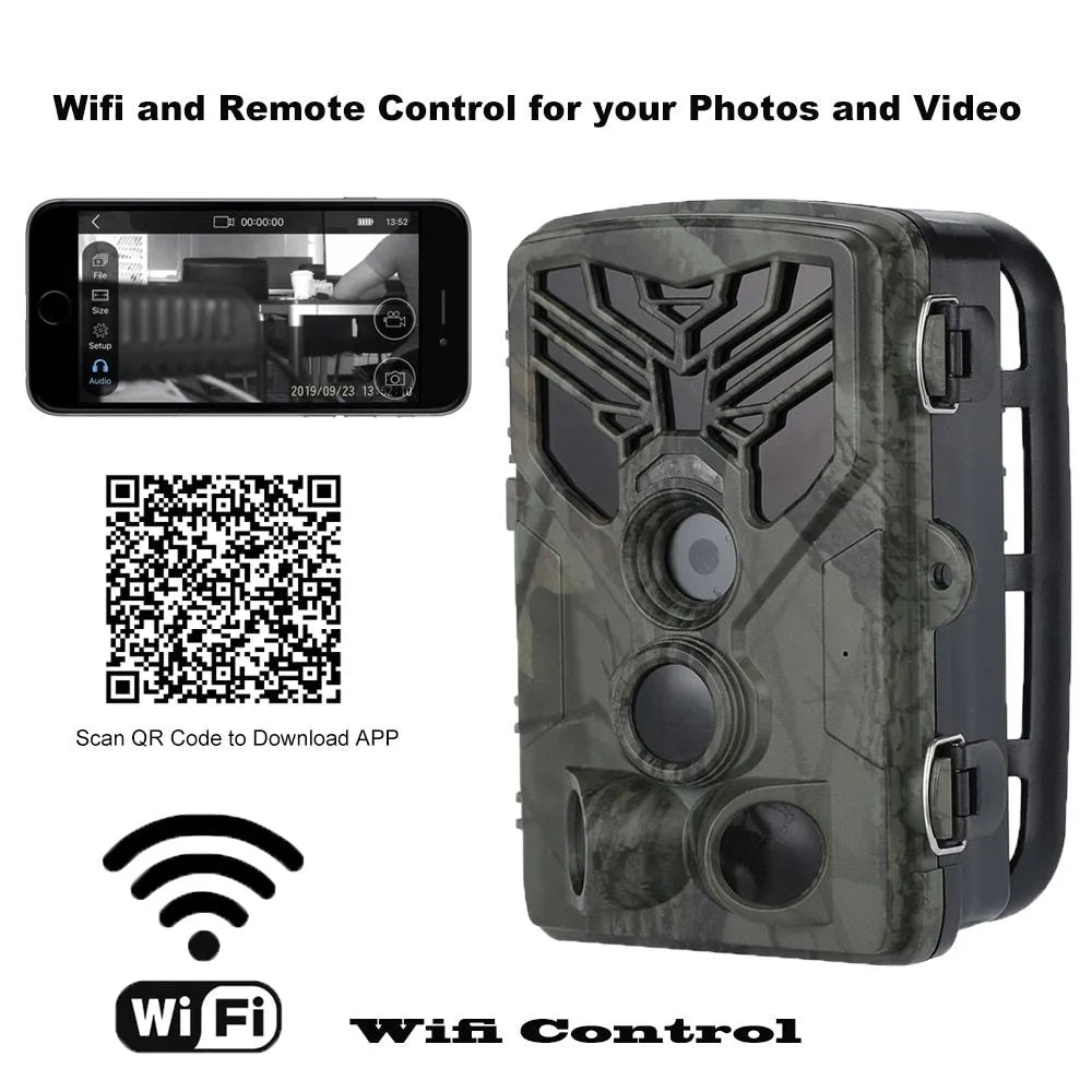 Wifi830 compact WiFi hunting camera with camouflage finish, showing lens and infrared LEDs