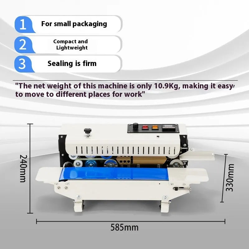 Mini benchtop heat sealing machine with steel jaw and integrated date print function on a work surface.