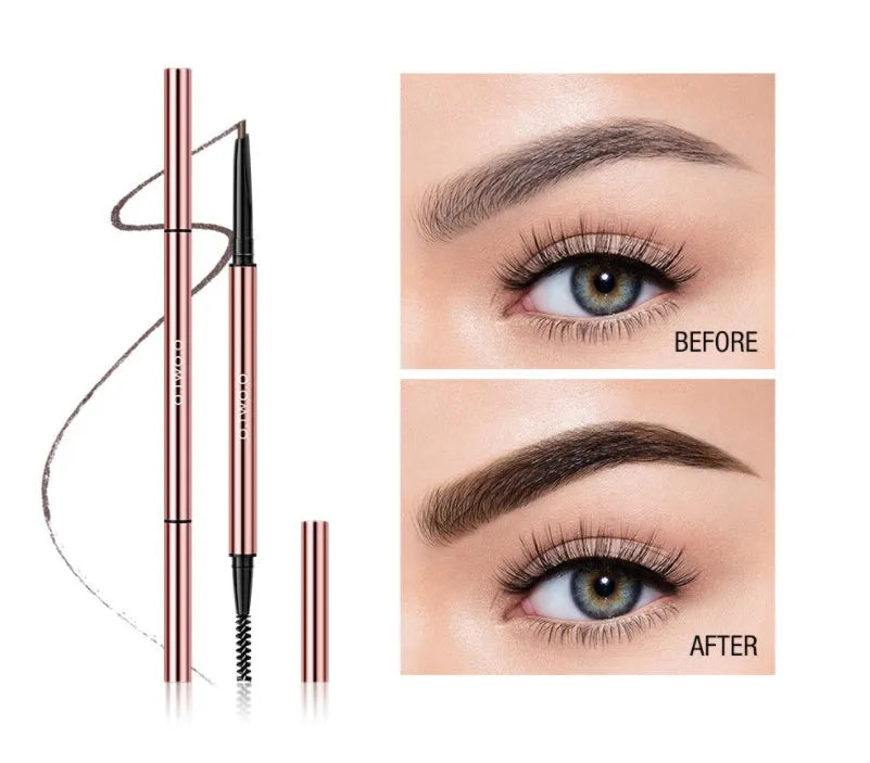 A 15.5 cm long eyebrow pencil in a colour box, available in six shades such as AUBURN and DARK BROWN.