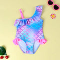 Girls' one-piece swimsuit with cartoon scale print and flounced gradient design in high elasticity nylon.