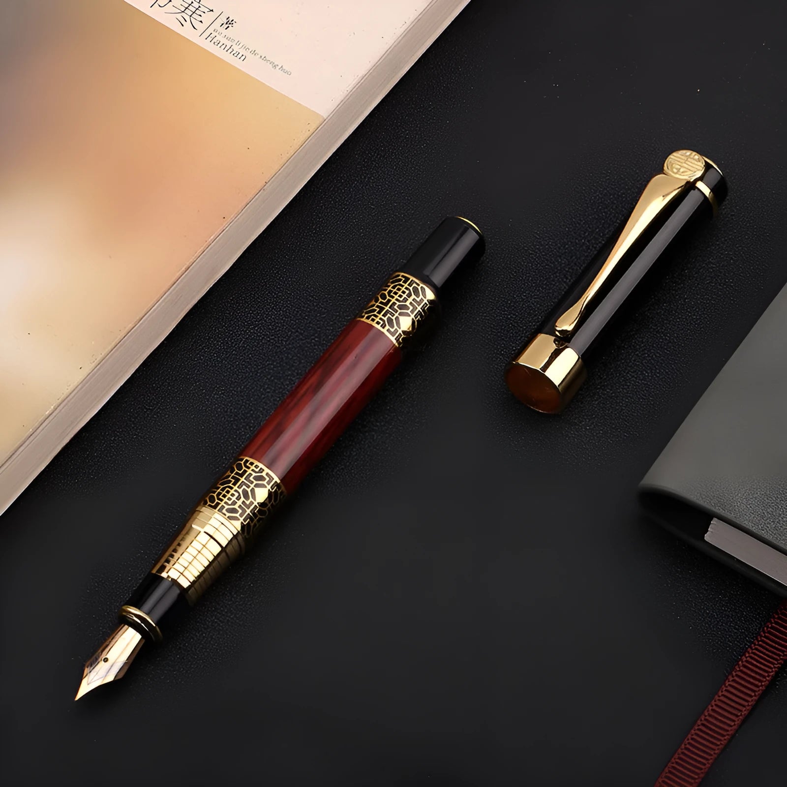 Metal fountain pen with imitation mahogany wood grain finish and 0.5mm nib on a desk setup