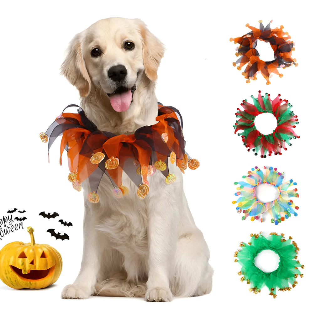 Colourful tie-dye dog collar on a white background showing blue, green, Halloween and Christmas patterns.