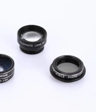 Five mobile phone lenses including fisheye, wide-angle, macro, telephoto and CPL filter with universal smartphone clip mount