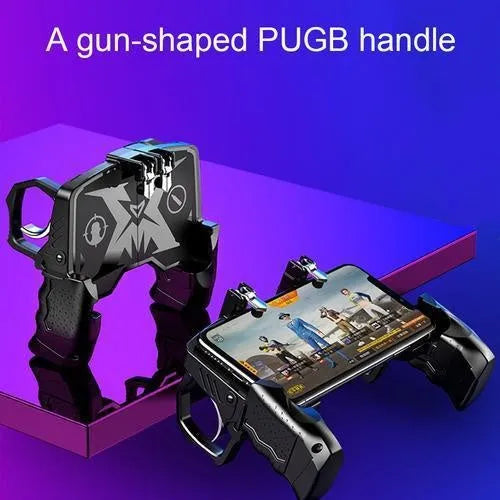 Black multi-function gamepad controller with integrated mobile phone holder for smartphones.