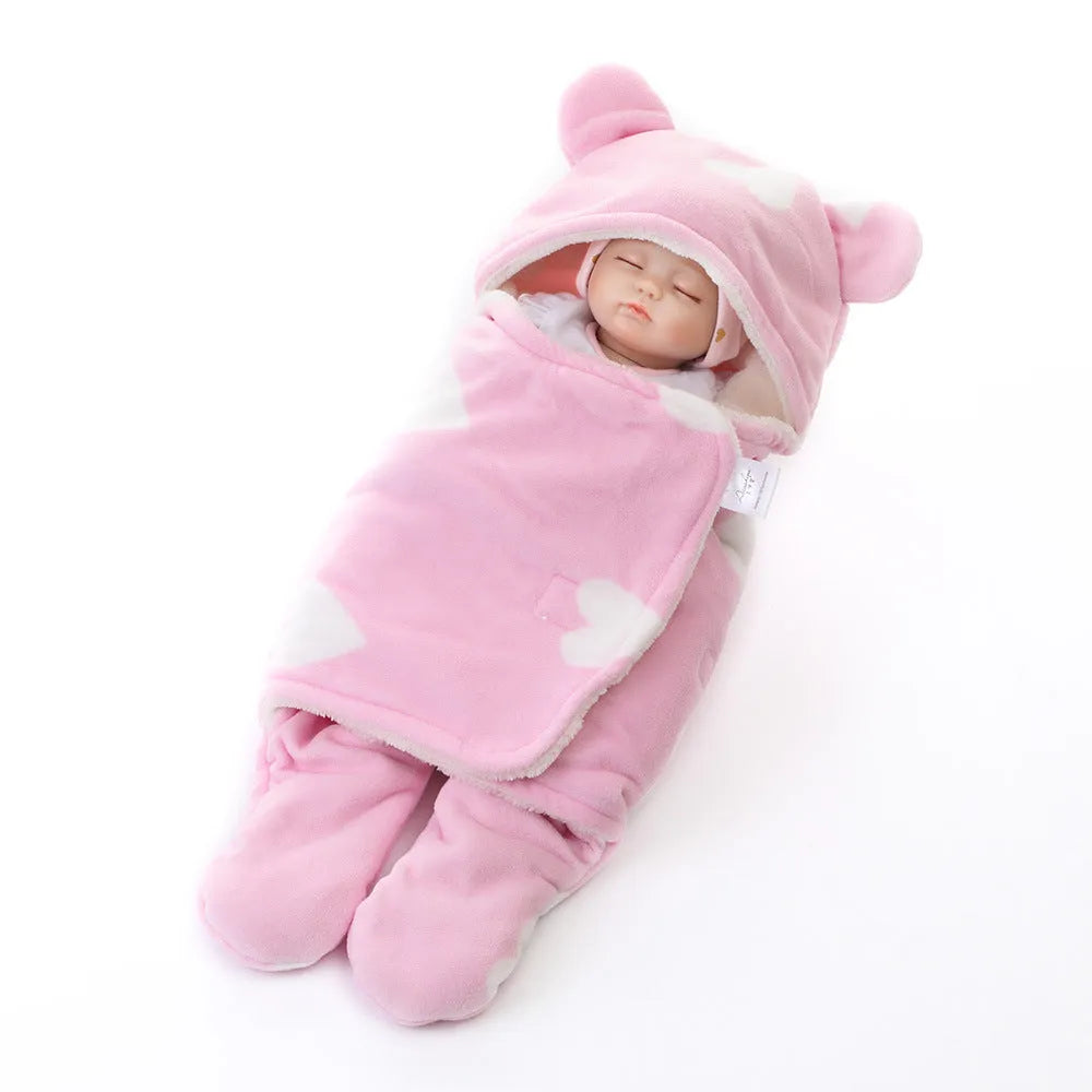 Fleece newborn blanket sleeping bag in L 78x86cm or S 65x75cm with cartoon, floral or dotted pattern