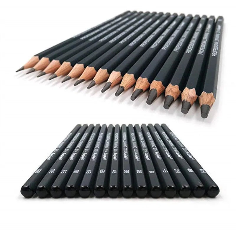Boxed set of 14 black drawing pencils with hardness grades from 6H to 12B, each 18cm long