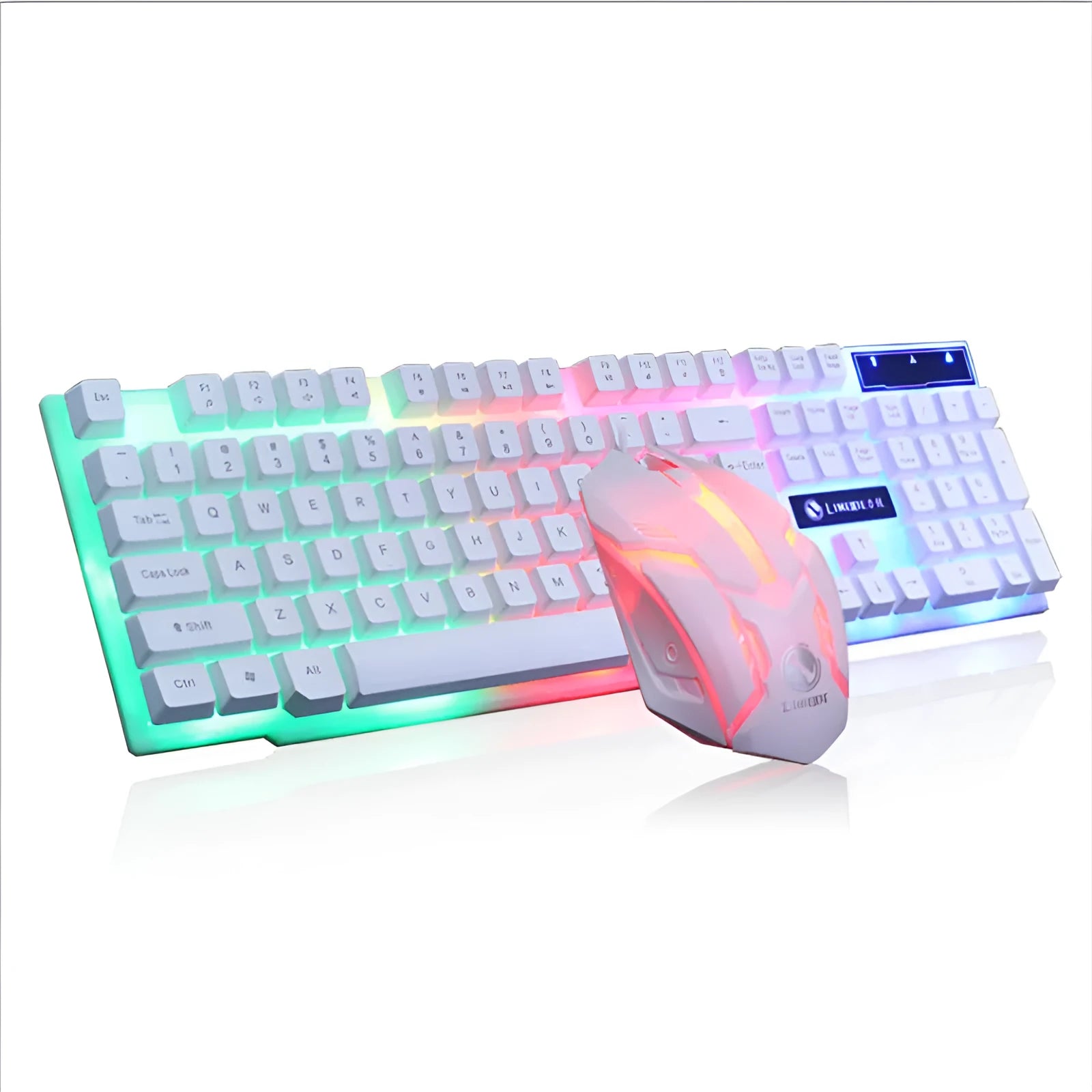 Limei Gtx300 white and black wired keyboard and mouse set with backlit keys on a desktop.
