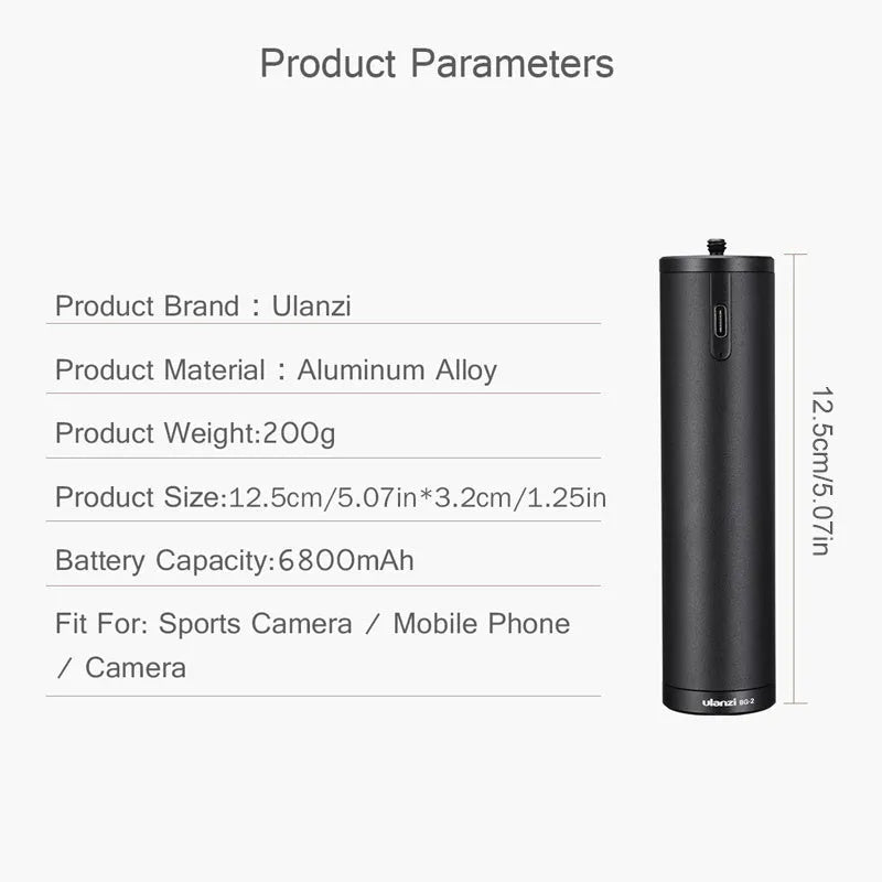 Black aluminium alloy power bank with a carry handle, showing its 12.5cm length.
