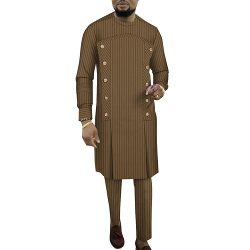 African men's striped cotton two-piece robe set showing long-sleeved top and trousers.