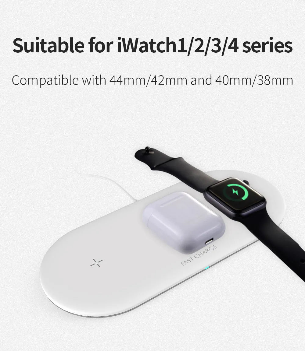 Black three-in-one wireless charging station for Apple Watch, mobile phone and earbuds on a desk