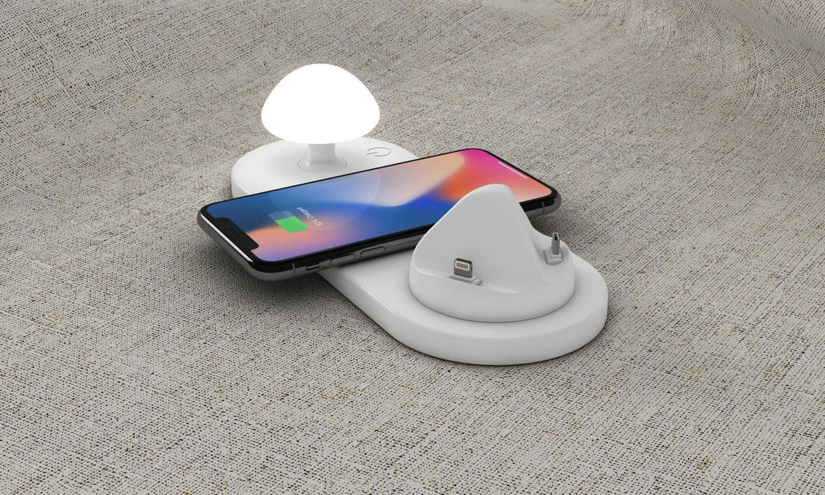 White 3 in 1 USB desktop charging dock with wireless charging pad for Apple iPhone