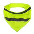 Yellow and orange reflective striped dog bandana scarf with adhesive strap closure on a dog's neck.