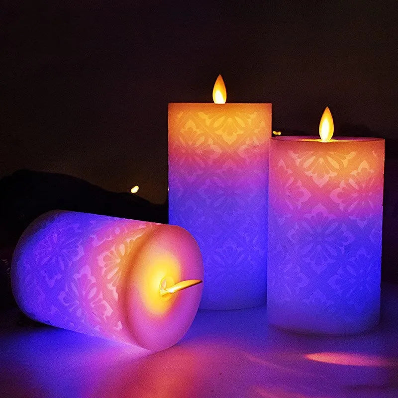 LED hollow pattern electronic candle decoration lamp, paraffin cylindrical body, 8x10cm to 8x15cm, battery operated
