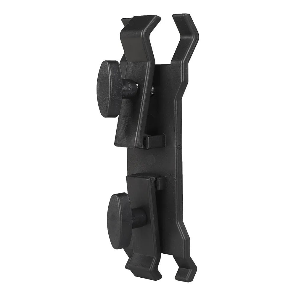 Black plastic umbrella clip attached to camera tripod holding smartphone under umbrella