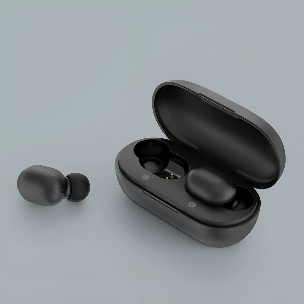 Black true wireless Bluetooth earbud headset showing left and right earbuds.