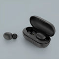 Black true wireless Bluetooth earbud headset showing left and right earbuds.