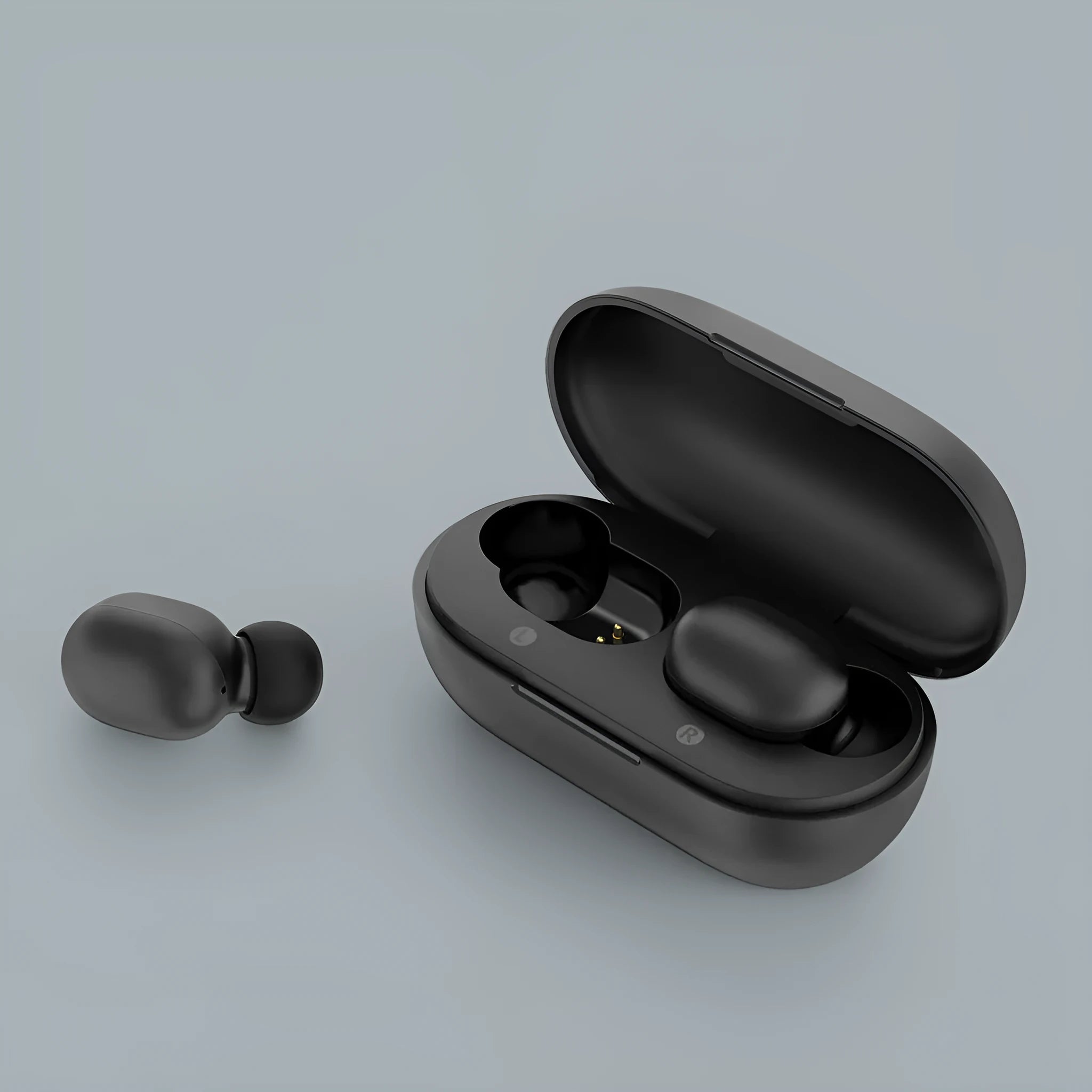 Black true wireless Bluetooth earbud headset showing left and right earbuds.