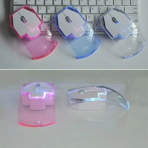 Ultra-thin transparent 2.4GHz wireless optical luminous mouse with blue glow on white desk