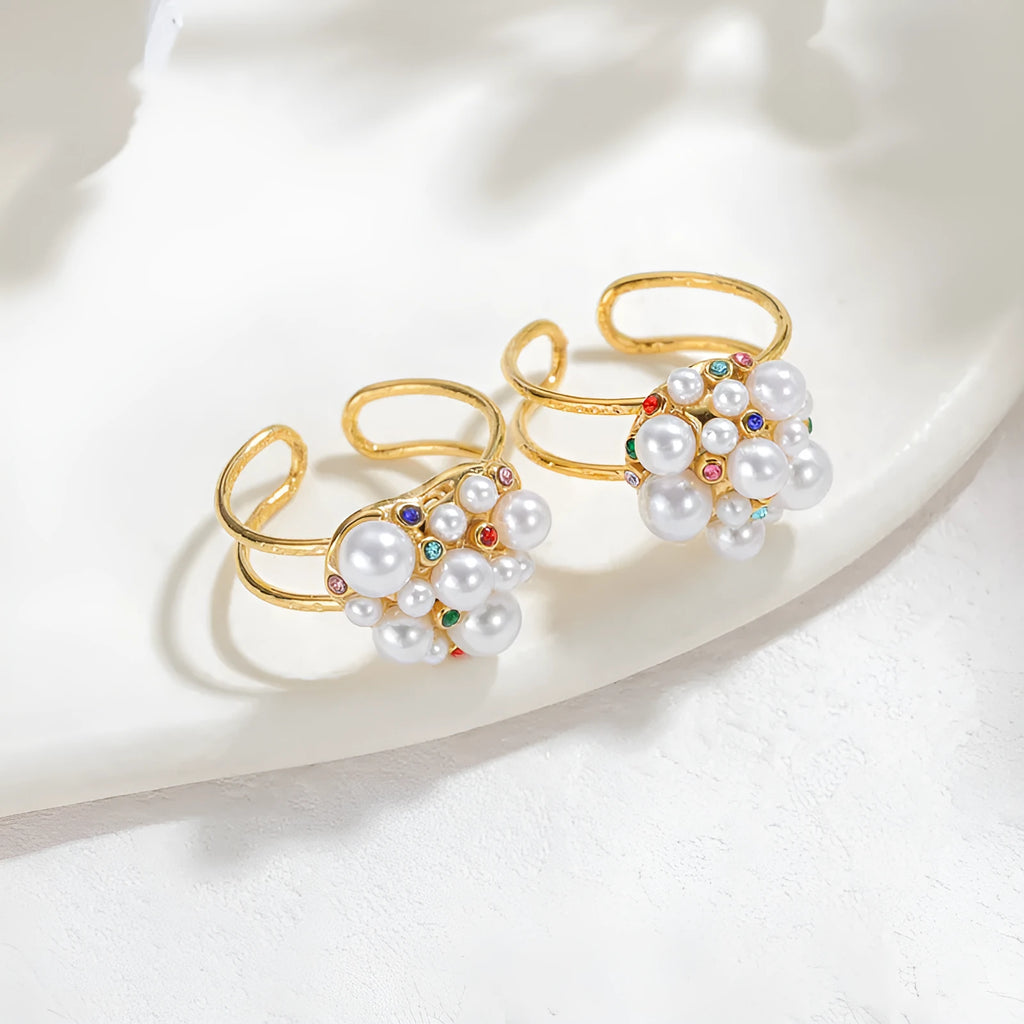 Women's adjustable gold-tone ring with zircon and freshwater pearl decorative elements