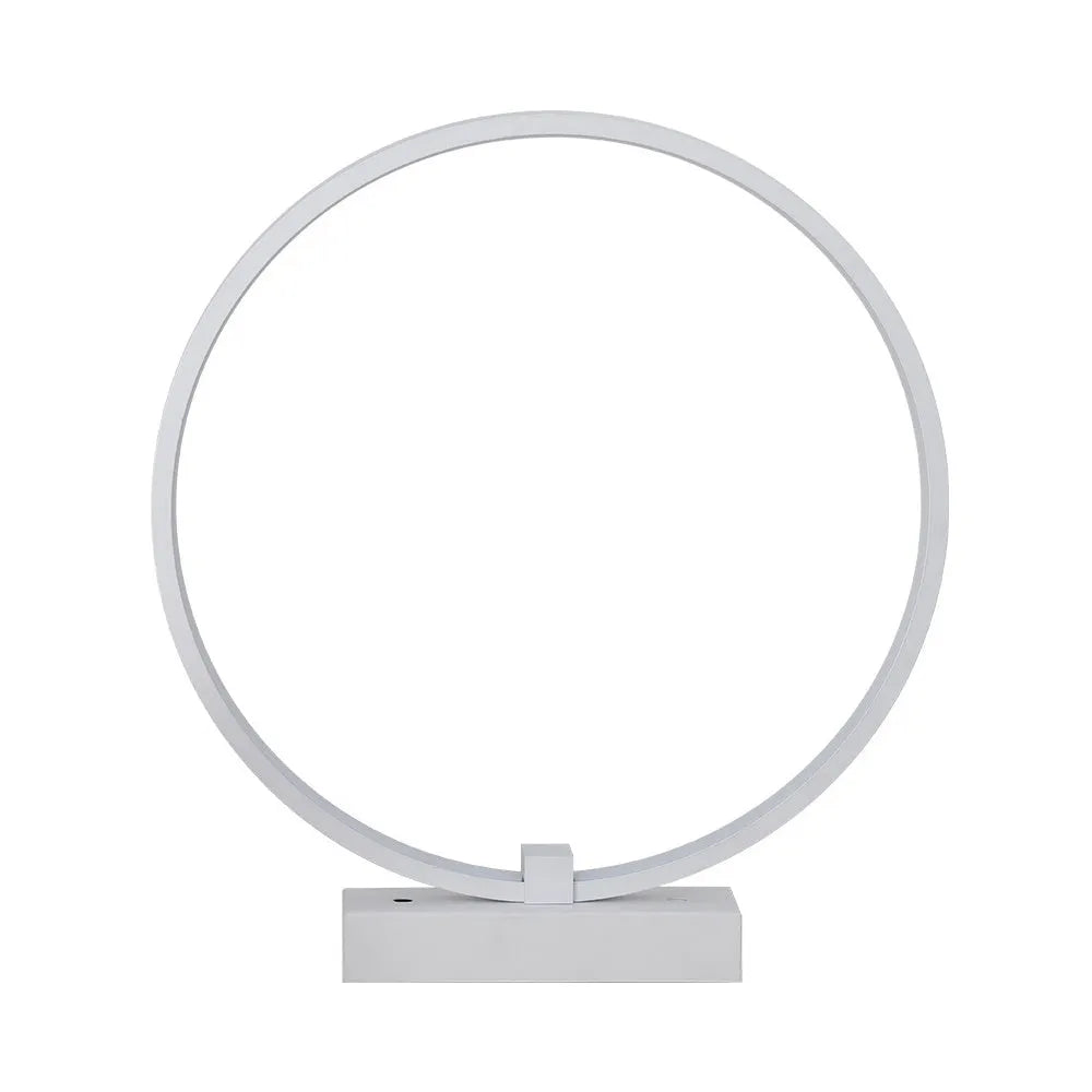 White acrylic LED bedside lamp with iron base, 25cm diameter, cool or warm white light