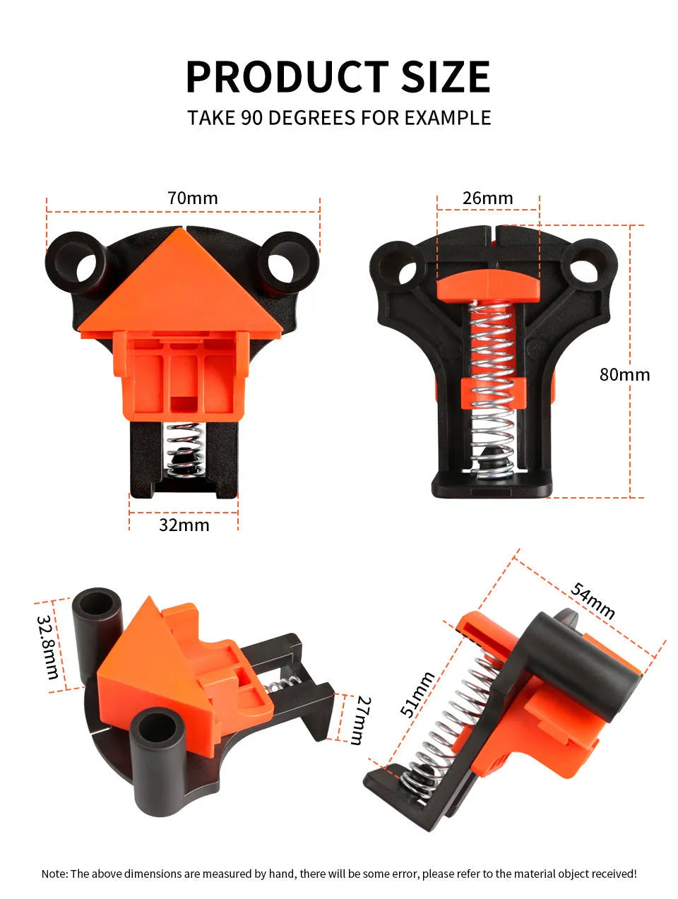 Four plastic 90-degree right angle wood clamps for frame and box assembly.