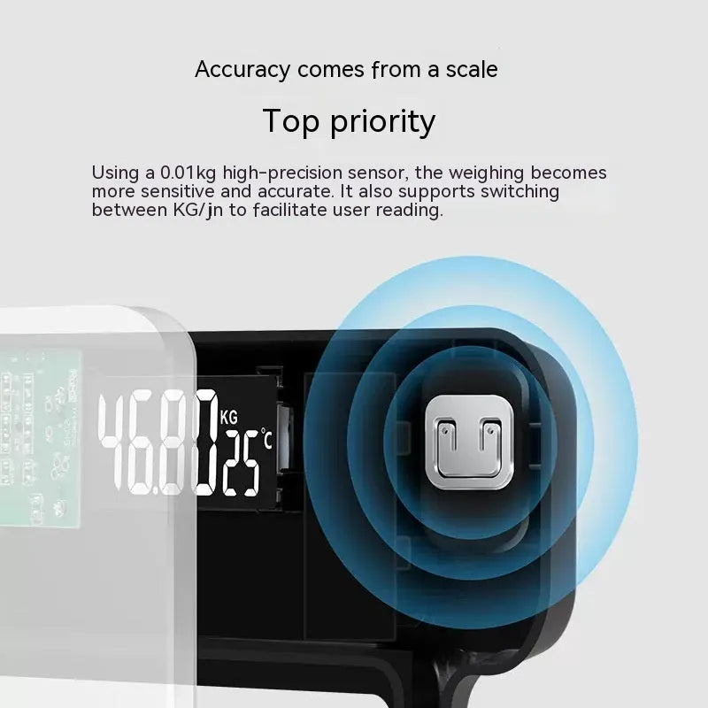 Digital bathroom weight scale with USB rechargeable feature in black, rose red, and white colour options.