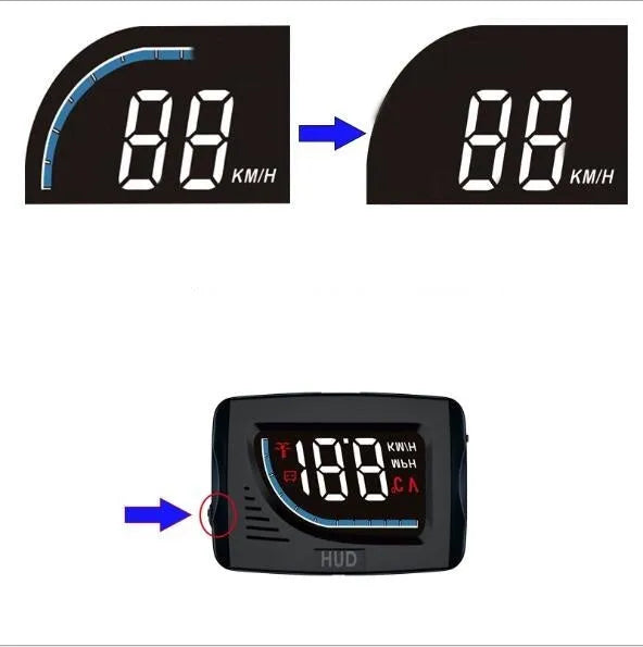 A101 OBD2 universal head-up display with 3-inch LED screen in black, mounted on car dashboard with speed and temperature projection