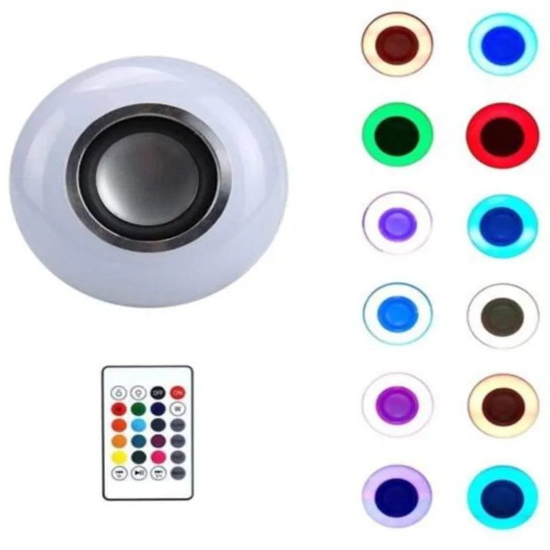 White Bluetooth speaker LED light bulb with E27 base showing multicolour RGB lighting