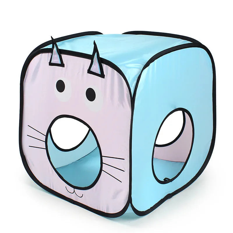 Foldable grey cat tent and tunnel play set with cat and fish illustrations.