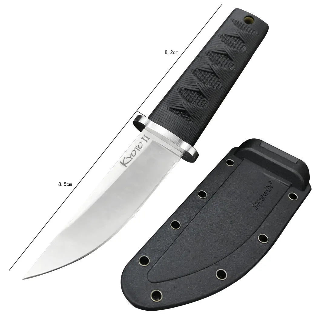 Mini straight knife with 440C steel blade, ABS handle, and holster on outdoor surface