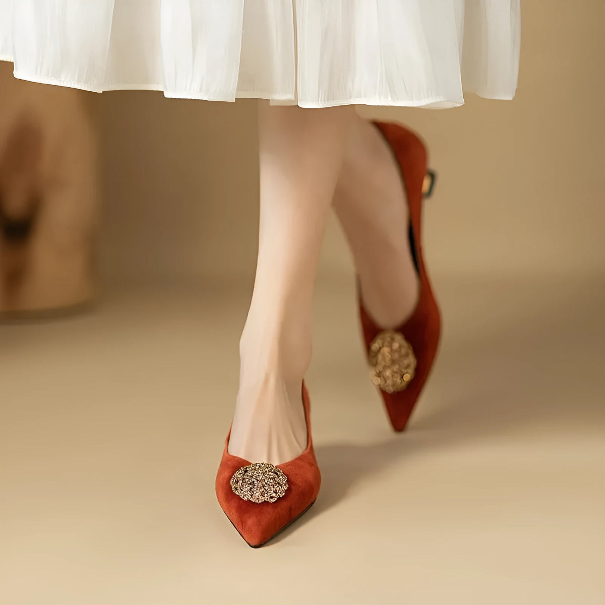 Women's suede stiletto pointed-toe shoes in black or orange with rubber sole and shallow mouth cut under 7cm